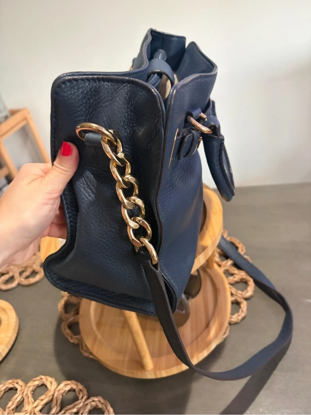 Michael Kors Dark Navy Pebbled Leather Satchel with Gold-Tone Hardware